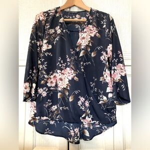 West Kei beautiful blue floral faux wrap front three quarter sleeve blouse